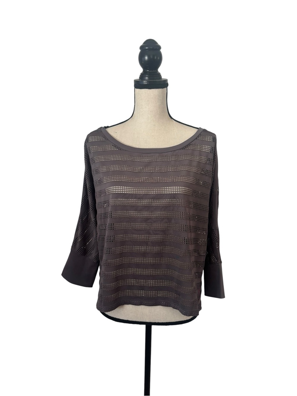 Open-Knit Scoop Neck Long Sleeve Top - Brown